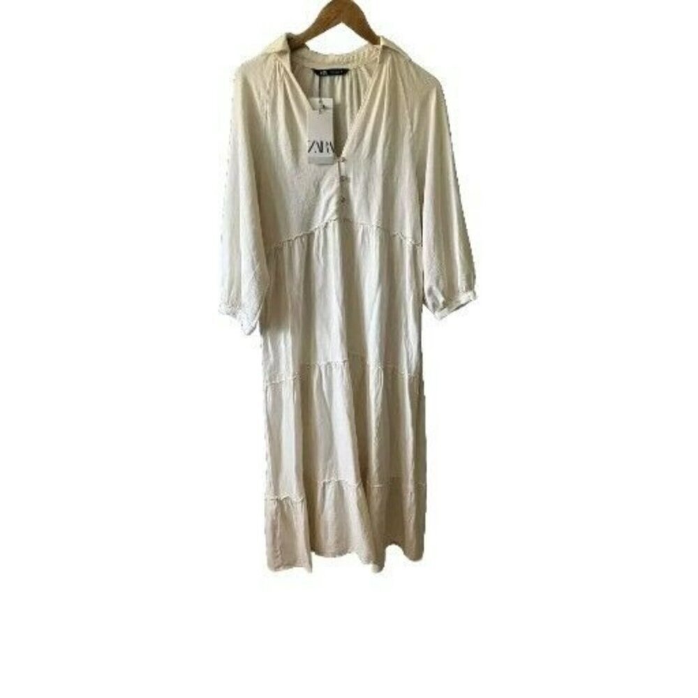 ZARA LINEN-BLEND PANELLED MIDI DRESS 8741/062 CREAM  Medium - Picture 6 of 7